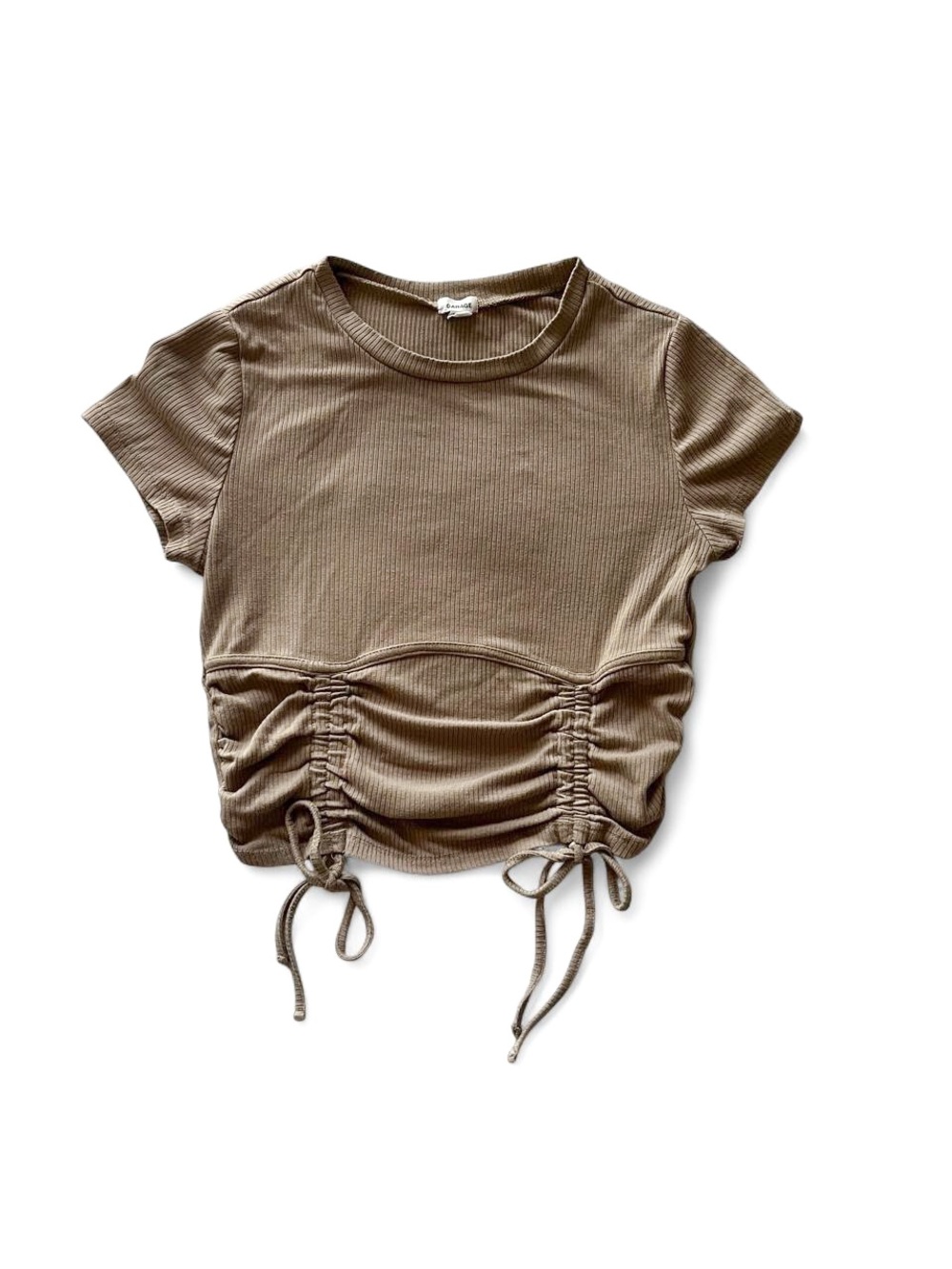 Garage Ruched Drawstring Short Sleeve Crop Top - Muted Brown